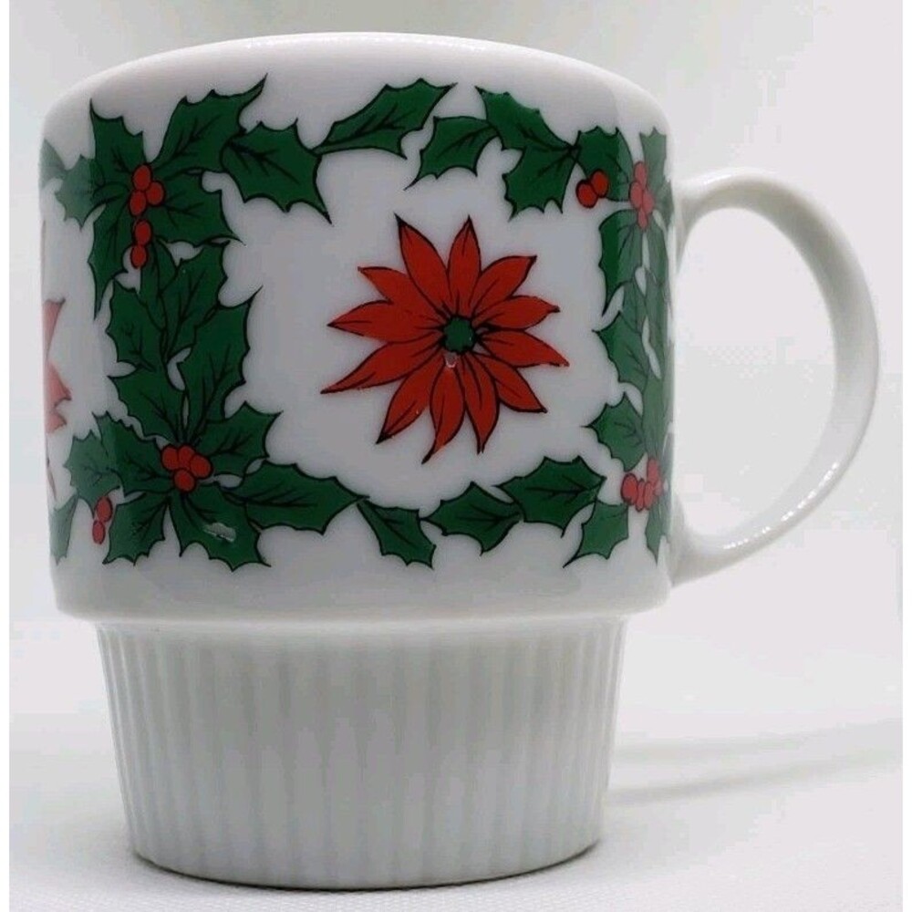 Vintage Porcelain Poinsettia Holly & Berries Stackable Handled Japan 8 oz Mug